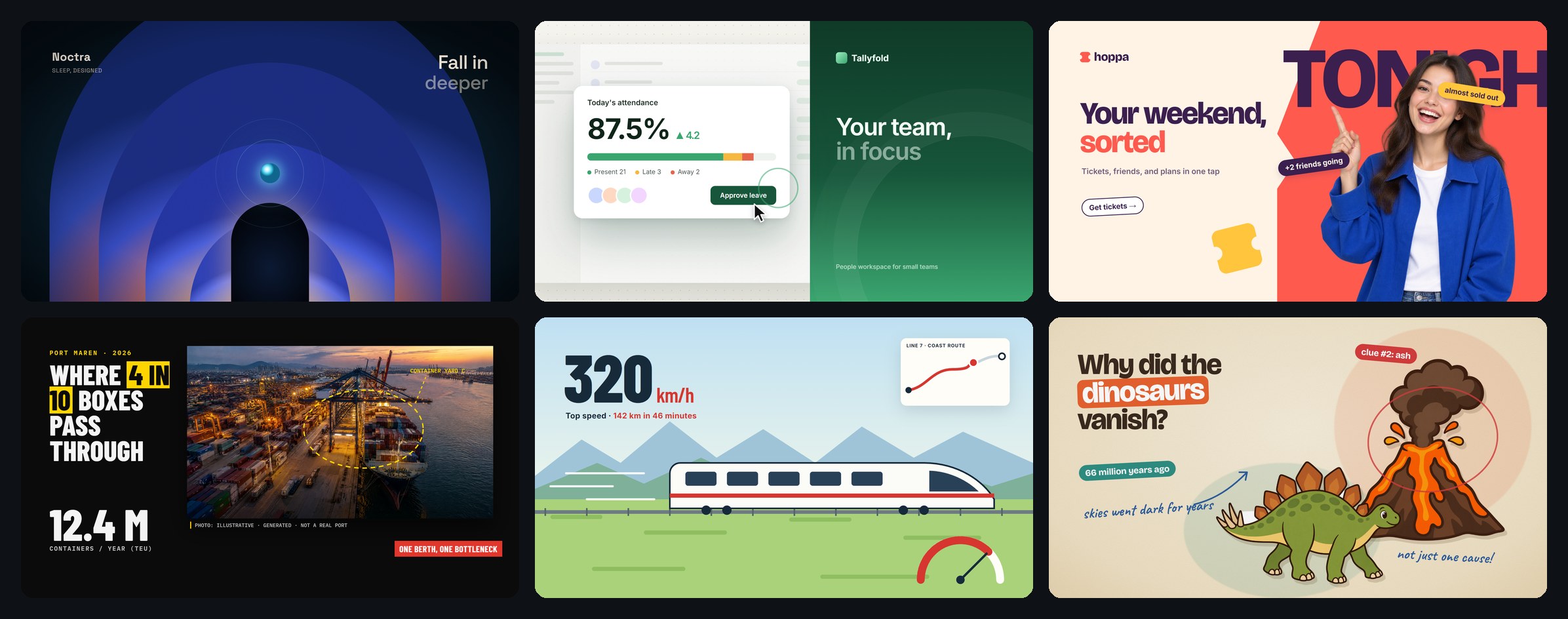 Referensi gaya Bang Motion: gradient, product tour, promo foto, jurnalisme visual, dan kartun